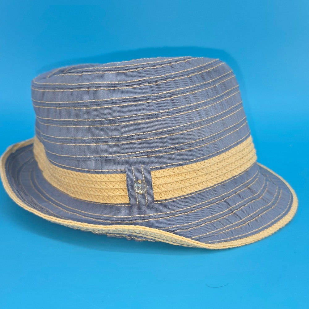 Joe Boxer Womens Blue Tan‎ Woven Fedora Hat Crystal Accent One Size